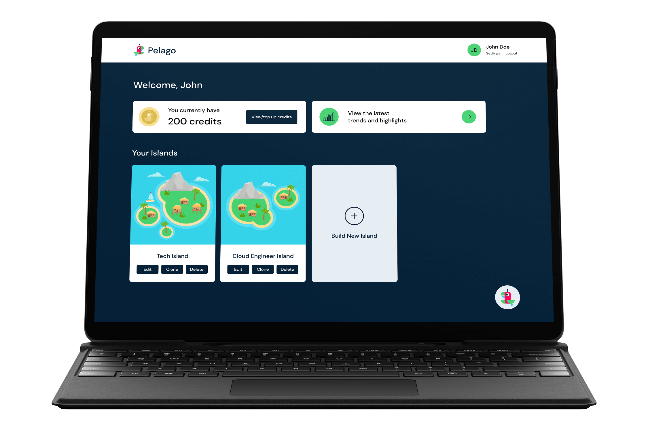 A laptop showing the main dashboard of the Pelago application